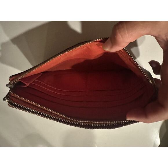 Coach Signature Wristlet Brown/Red Leather Trim – Classic Logo Print - Picture 8 of 11